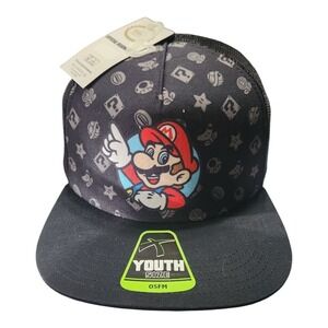 Bioworld Super Mario Kids Trucker Hat Black Mesh Snapback Youth OSFM New